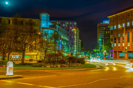 NOTTINGHAM, UNITED KINGDOM, APRIL 10, 2017: Night view of a modern center of Nottingham, Englandのeditorial素材