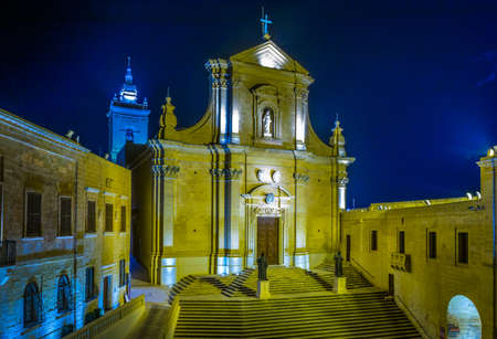 Night view of the Cathedral of Assumption inside of the Il-Kastell citadel in Victoria (Rabat), Gozo, Maltaの写真素材