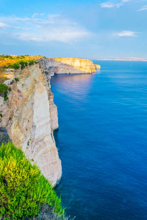 Sunset view over Ta Cenc cliffs on Gozo, Maltaの写真素材