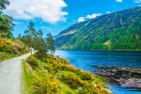 Aerial view of the upper lake in Glendalough, Irelandの写真素材