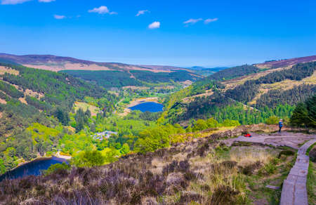 Aerial view of the upper and lower lake in Glendalough, Ireland