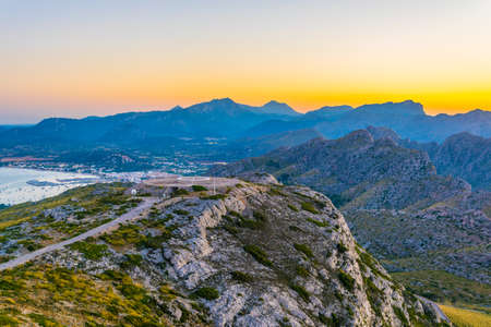 Sunset view of Port de Pollenca and Pollenca bay, Mallorca, Spainの写真素材