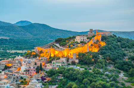 Night aerial view of Capdepera castle and Capdepera town, Mallorca, Spainのeditorial素材
