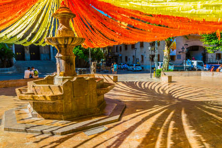 SOLLER, SPAIN, MAY 26, 2017: Placa de sa Constitucio square at Soller, Mallorca, Spainのeditorial素材