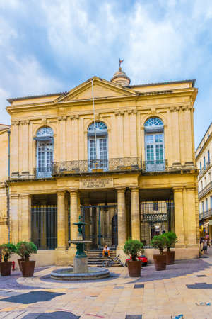 Facades of houses in the old center of Montpellier, Franceの写真素材