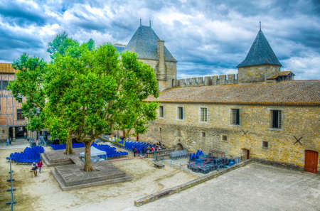 CARCASSONNE, FRANCE, JUNE 28, 2017: Courtyard of the Chateau comtal in Carcassonne, Franceのeditorial素材