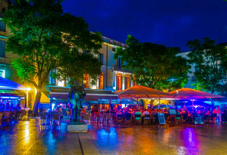 MONTPELLIER, FRANCE, JUNE 25, 2017: Night view of Place jean Jaures in the center of Montpellier, Franceのeditorial素材