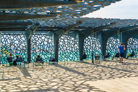 MARSEILLE, FRANCE, JUNE 9, 2017: People are relaxing on terrace of the Mucem Museum of European and Mediterranean Civilisations at Marseille, Franceのeditorial素材