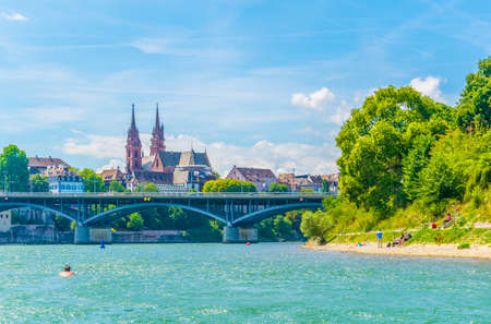 Basel Minster viewed behind the Wettstein Bridge, Switzerland