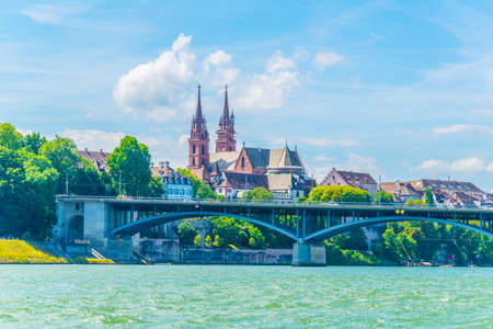 Basel Minster viewed behind the Wettstein Bridge, Switzerlandの写真素材