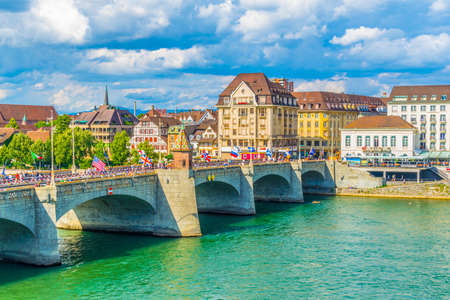 Riverside of Rhine in Basel with mittlere brucke, Switzerland