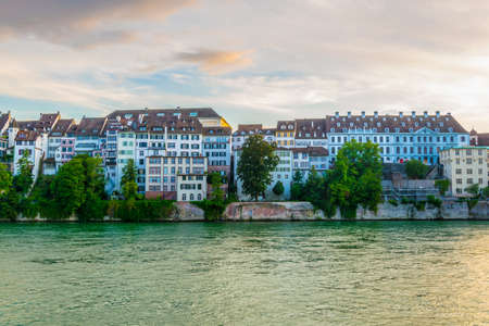 sunset view of riverside of Rhine in Basel, Switzerland