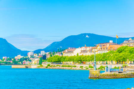 Neuchatel town situated next to the Neuchatel lake, Switzerlandの写真素材