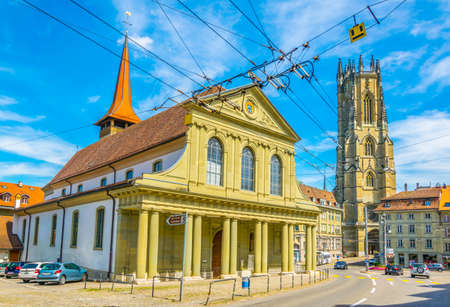 Basilica Notre Dame de Fribourg and Saint Nicholas cathedral in Fribourg, Switzerlandの写真素材