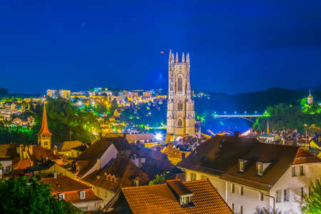 Sunset view over skyline of Fribourg, Switzerlandの写真素材