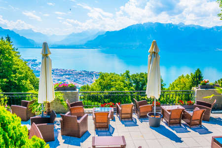View of Geneva lake from a restaurant situated on slope of Mont Pelerin in Switzerlandのeditorial素材