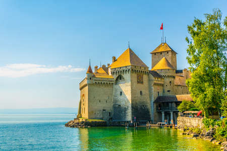 Chillon castle situated on shore of the Geneva lake in Switzerlandのeditorial素材