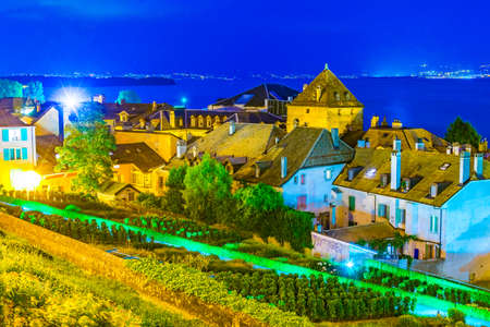 Night view of Geneva lake from terrace next to the Nyon Palace, Switzerland