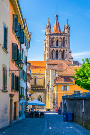 Cathedral of our lady at the end of a narrow street in the old town of Lausanne, Switzerlandのeditorial素材