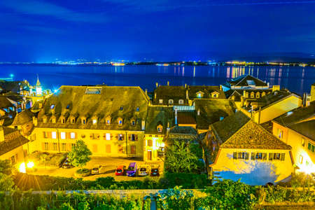 Night view of Geneva lake from terrace next to the Nyon Palace, Switzerlandのeditorial素材