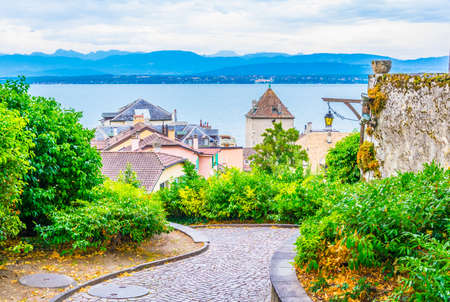 Aerial view of Geneva lake from terrace next to the Nyon Palace, Switzerlandのeditorial素材