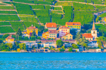Villette village situated on bank of Geneva lake in Switzerlandの写真素材