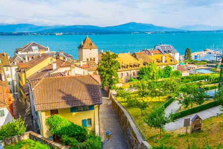Aerial view of Geneva lake from terrace next to the Nyon Palace, Switzerlandの写真素材