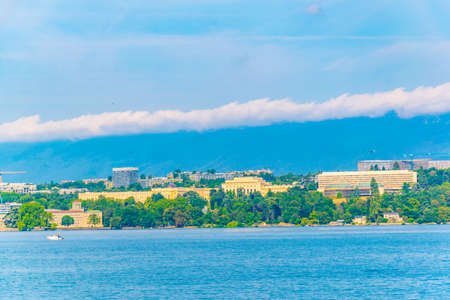 Palace of Nations behind Geneva lake in Switzerland