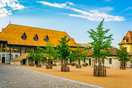 View of a historical house in the old town of Geneva, Switzerlandの写真素材