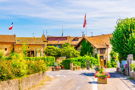 Traditional houses in french medieval town Yvoire situated next to the Geneva lakeの写真素材