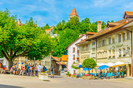 FRIBOURG, SWITZERLAND, JULY 17, 2017: People are gathering on a Saint Johann square in the old town...