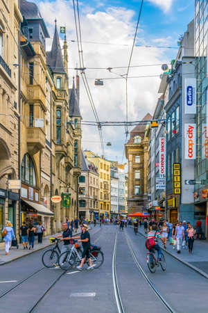 BASEL, SWITZERLAND, JULY 14, 2017: a narrow street in the center of Basel, Switzerland