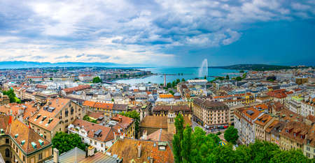 GENEVA, SWITZERLAND, JULY 21, 2017: Aerial view of Geneva from Cathedral Saint Pierre, Switzerlandのeditorial素材