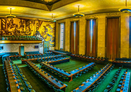 GENEVA, SWITZERLAND, JULY 20, 2017: An assembly hall in the Palace of Nations - UN headquarters in Geneva, Switzerlandのeditorial素材