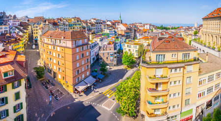 LAUSANNE,  SWITZERLAND, JULY 19, 2017: aerial view of Lausanne dominated by Saint Francois church,...