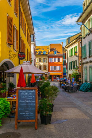 NYON, SWITZERLAND, JULY 19, 2017: View of a narrow street in the swiss town Nyon, Switzerlandのeditorial素材