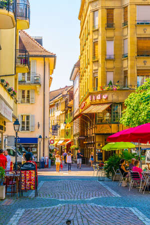 VEVEY,  SWITZERLAND, JULY 18, 2017: View of a narrow street in the old town of Vevey, Switzerlandのeditorial素材