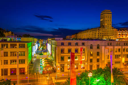 LAUSANNE,  SWITZERLAND, JULY 18, 2017: Night view of the Bel-air tower viewed over the Flon square in Lausanne, Switzerlandのeditorial素材