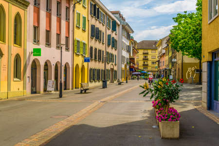 MORGES,  SWITZERLAND, JULY 19, 2017: View of a central street in the swiss town Morges, Switzerland