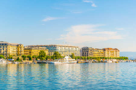 GENEVA, SWITZERLAND, JULY 20, 2017: Cityscape of Geneva viewed behind Geneva lake/Lac Leman in Switzerlandのeditorial素材