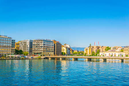 GENEVA, SWITZERLAND, JULY 20, 2017: Cityscape of Geneva viewed behind Geneva lake/Lac Leman in Switzerlandのeditorial素材
