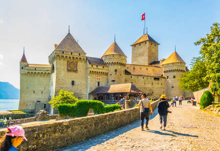 MONTREAUX,  SWITZERLAND, JULY 18, 2017: Chillon castle situated on shore of the Geneva lake in Switzerlandのeditorial素材