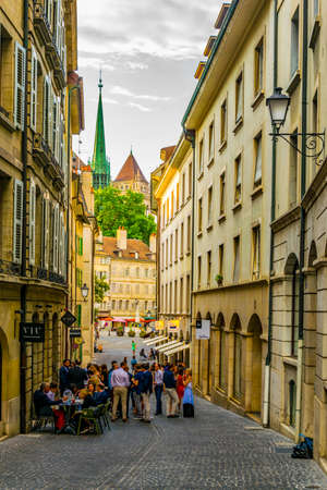 GENEVA, SWITZERLAND, JULY 20, 2017: View of a narrow street in the swiss city Geneva, Switzerlandのeditorial素材