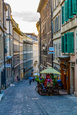 GENEVA, SWITZERLAND, JULY 20, 2017: View of a narrow street in the swiss city Geneva, Switzerlandのeditorial素材