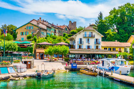 YVOIRE, France, JULY 21, 2017: Cityscape of french city yvoire viewed from a ferryのeditorial素材