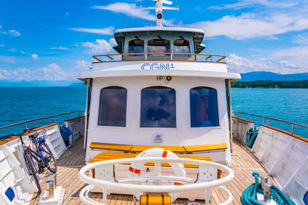 YVOIRE, France, JULY 21, 2017: Deck view of a passenger ferry on Geneva lake, Switzerland