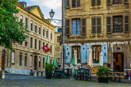 GENEVA, SWITZERLAND, JULY 20, 2017: View of a narrow street in the swiss city Geneva, Switzerlandのeditorial素材