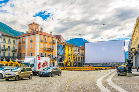 LOCARNO, SWITZERLAND, JULY 26, 2017: People are strolling through central square in Locarno, Switzerlandのeditorial素材