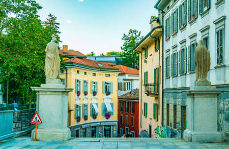 LUGANO, SWITZERLAND, JULY 24, 2017: People are strolling though a street in the center of Swiss city Luganoのeditorial素材