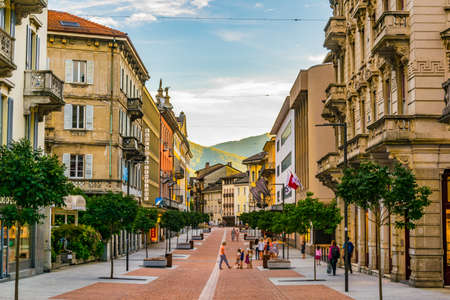 BELLINZONA, SWITZERLAND, JULY 26, 2017:Narrow street in the center of Swiss city Bellinzonaのeditorial素材